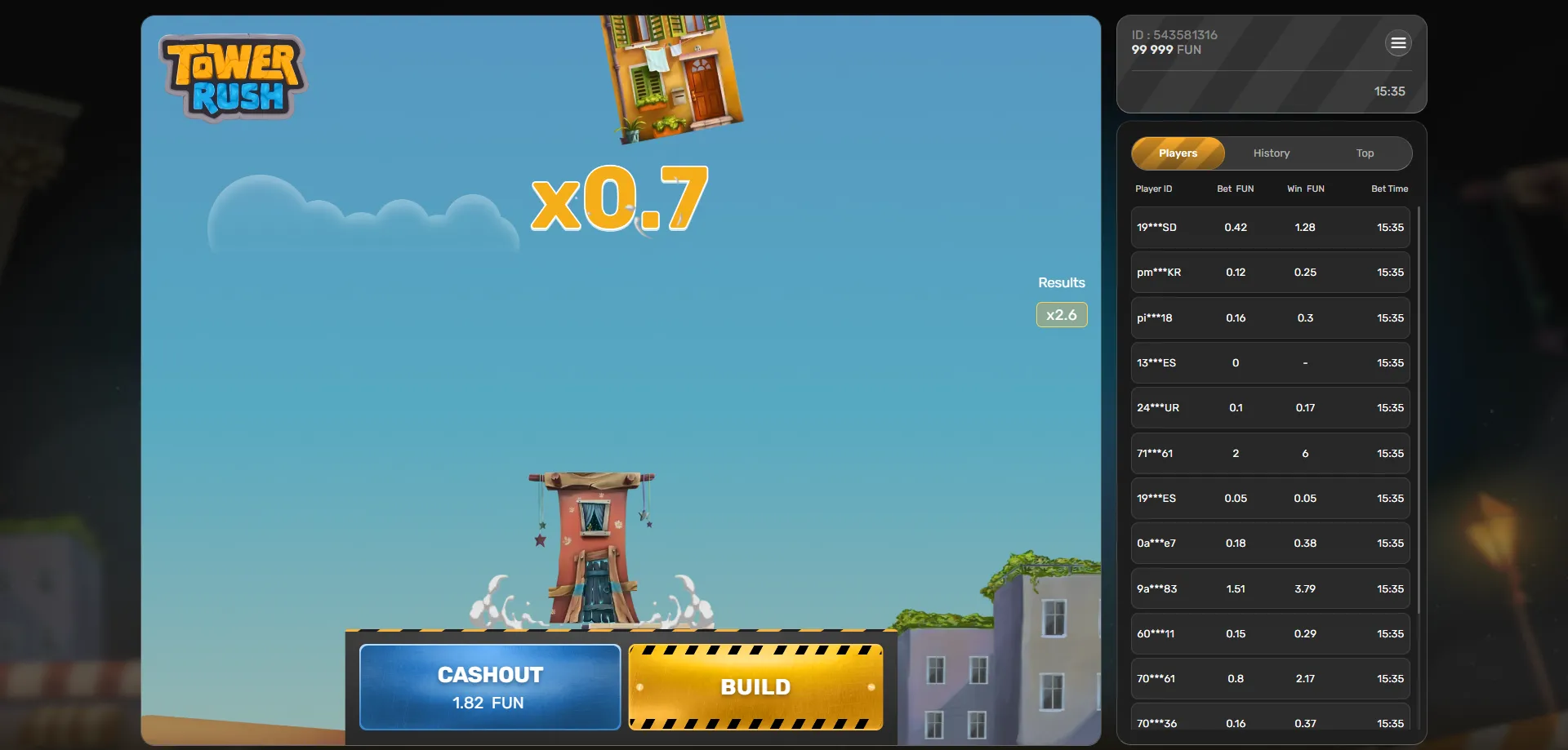 Tower Rush casino game by Galaxsys — tower building gameplay overview